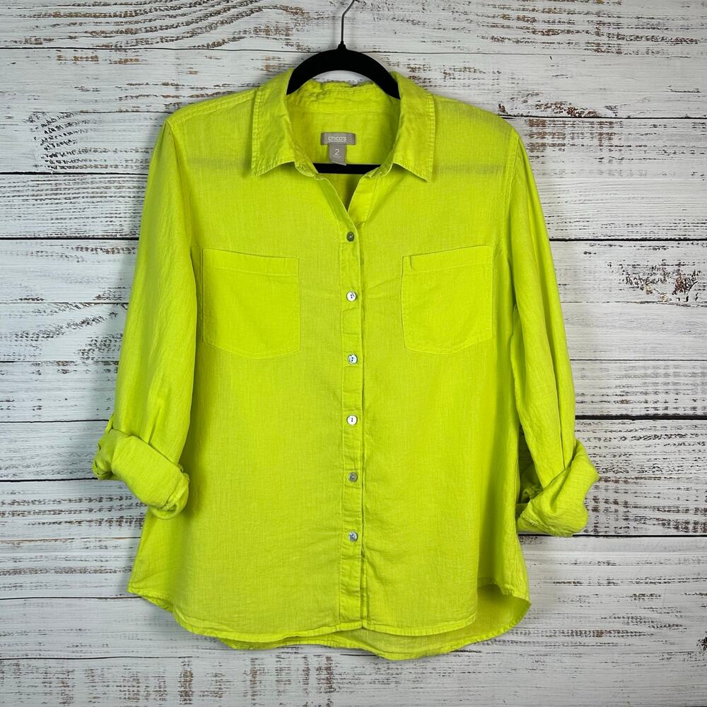 Chicos Lime Green Roll Tab Lightweight Button Up Shirt Linen Rayon Womens 2 (L)